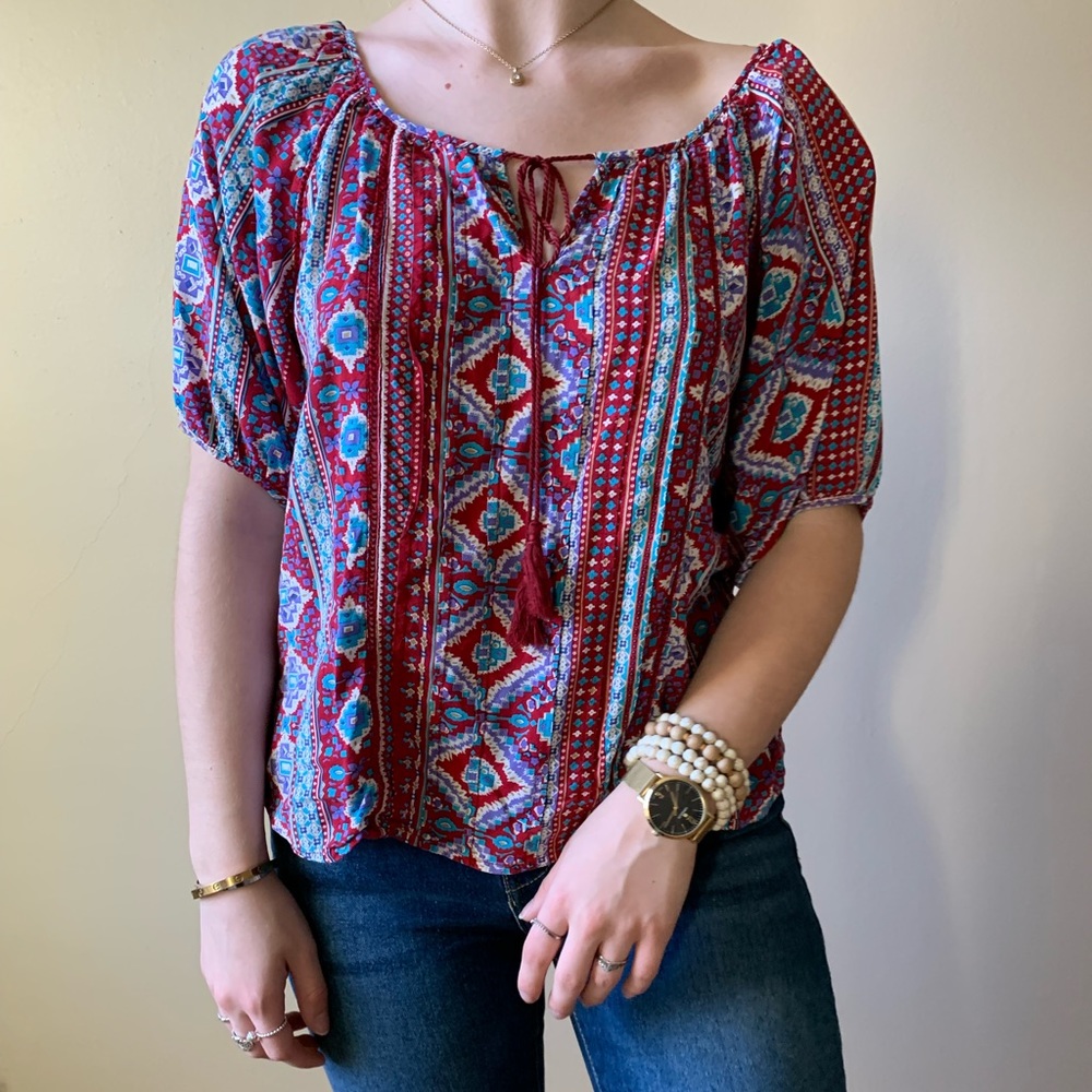 Aztec print peasant top